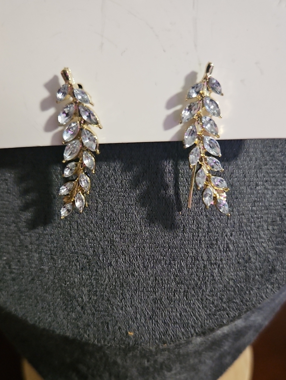 Gold Leaf Drop Earrings with Clear Marquise Stones